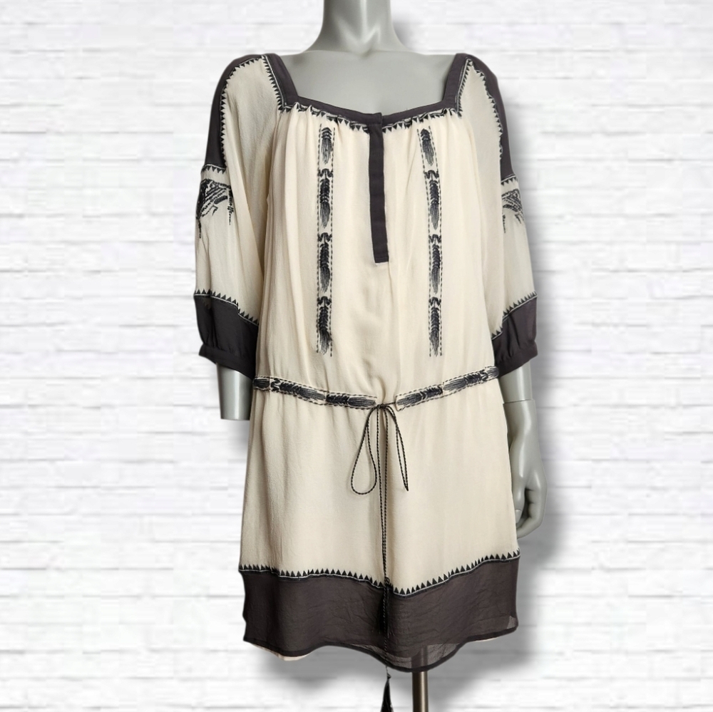 Boho Tie-Waist Peasant Dress in Cream with Brown Trim